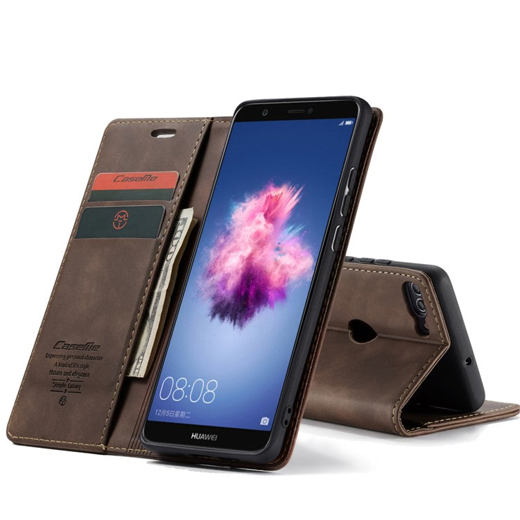 CASEME 013 Series Auto-absorbed PU Leather Wallet Stand Case for Huawei P Smart (2017) / Enjoy 7S - Dark Brown