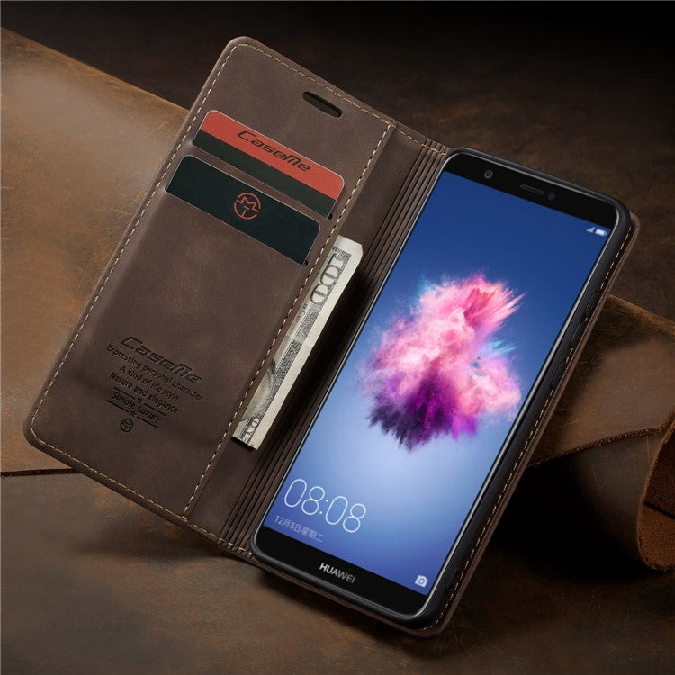 CASEME 013 Series Auto-absorbed PU Leather Wallet Stand Case for Huawei P Smart (2017) / Enjoy 7S - Dark Brown