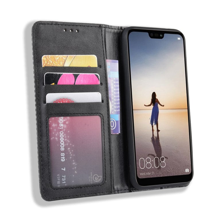 Vintage Style Magnetic Leather Wallet Protective Cell Phone Cover Case for Huawei P20 Lite (2018) / Nova 3e - Black