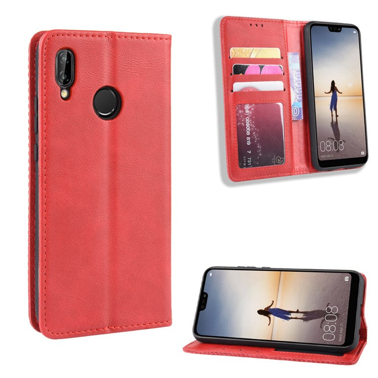 Vintage Style Magnetic Leather Wallet Protective Cell Phone Cover Case for Huawei P20 Lite (2018) / Nova 3e - Red
