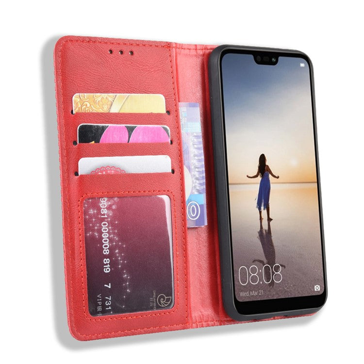 Vintage Style Magnetic Leather Wallet Protective Cell Phone Cover Case for Huawei P20 Lite (2018) / Nova 3e - Red