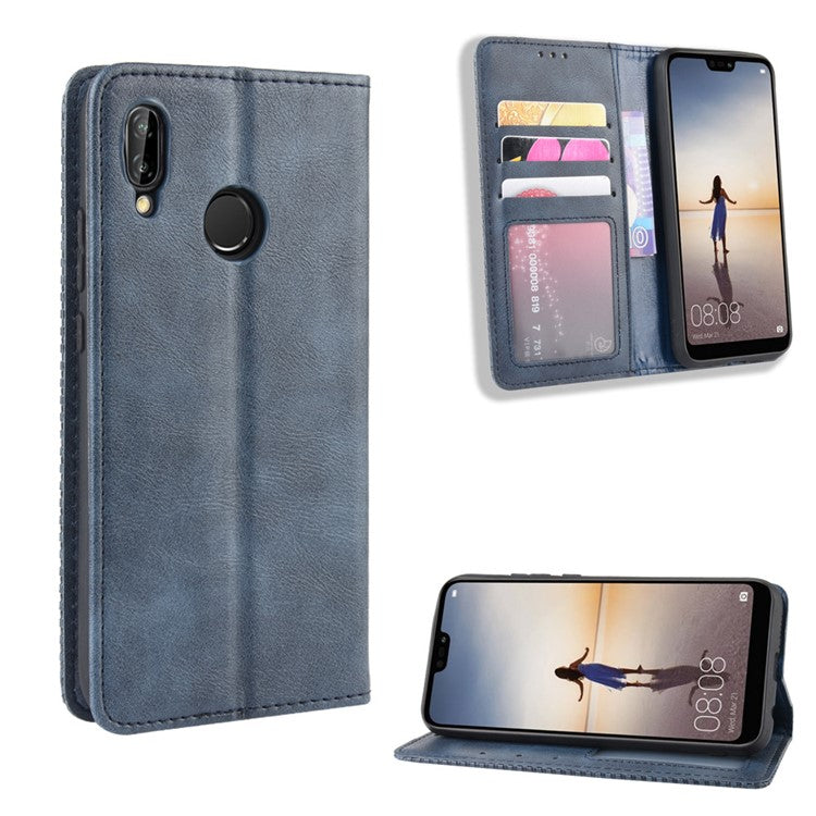 Vintage Style Magnetic Leather Wallet Protective Cell Phone Cover Case for Huawei P20 Lite (2018) / Nova 3e - Blue