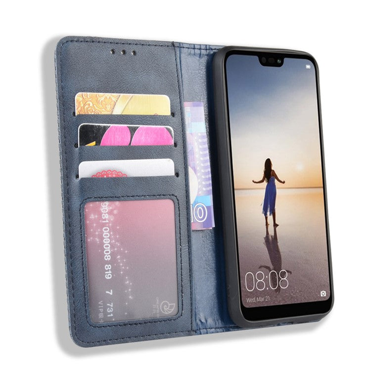 Vintage Style Magnetic Leather Wallet Protective Cell Phone Cover Case for Huawei P20 Lite (2018) / Nova 3e - Blue