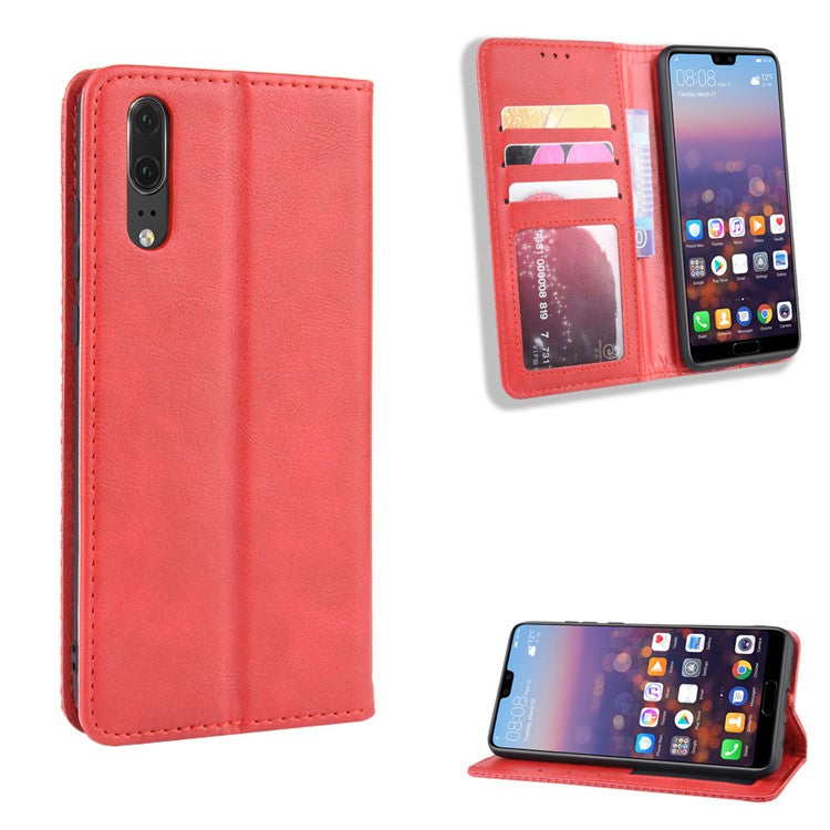 Retro PU Leather Wallet Stand Phone Cover Casing for Huawei P20 - Red