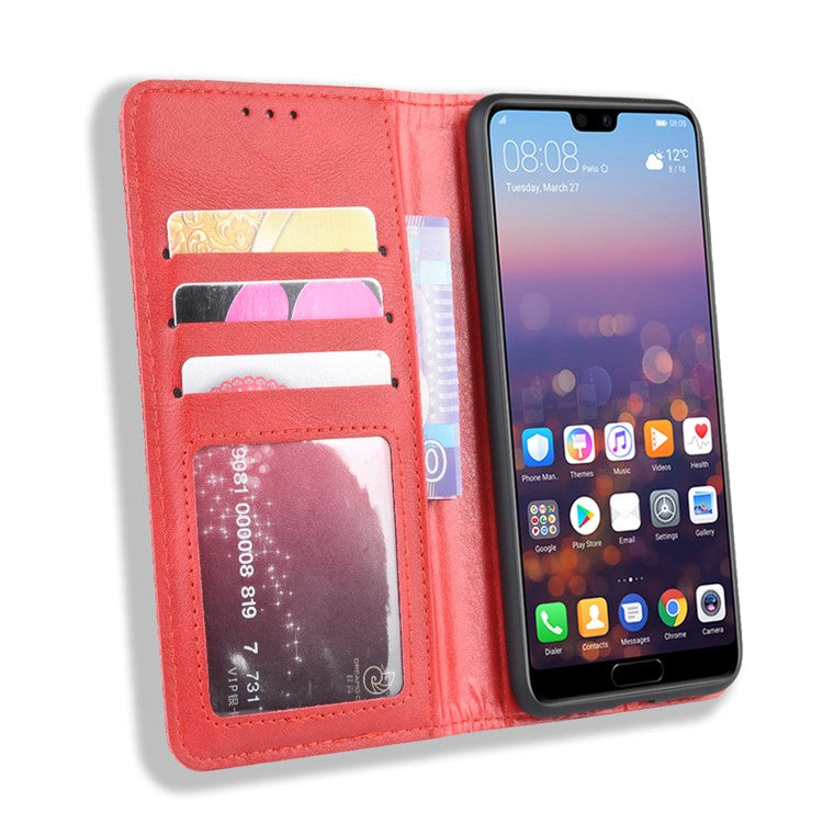 Retro PU Leather Wallet Stand Phone Cover Casing for Huawei P20 - Red