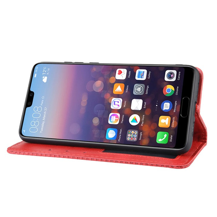 Retro PU Leather Wallet Stand Phone Cover Casing for Huawei P20 - Red
