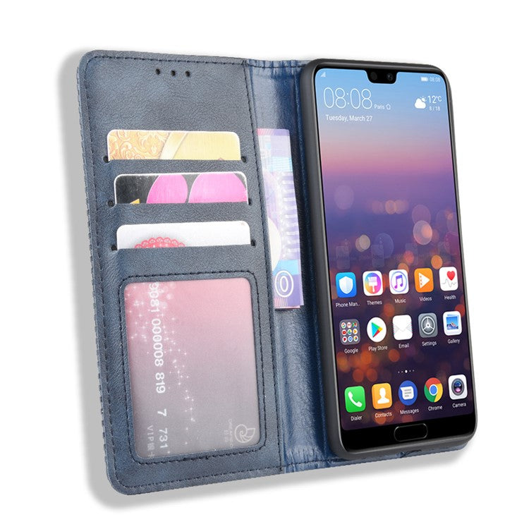 Retro PU Leather Wallet Stand Phone Cover Casing for Huawei P20 - Blue