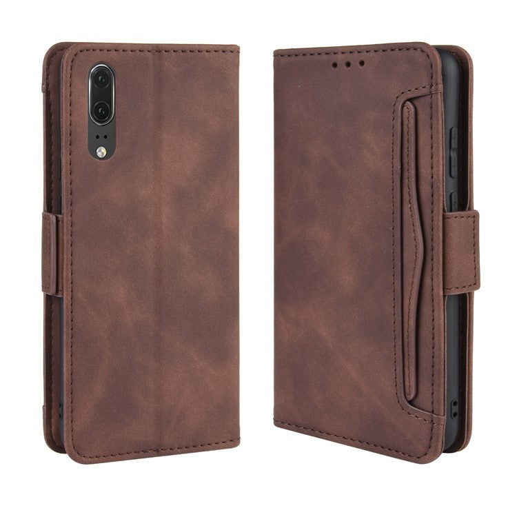 Leather Wallet Stand Phone Cover with Multiple Card Slots Protective Shell for Huawei P20 - Brown
