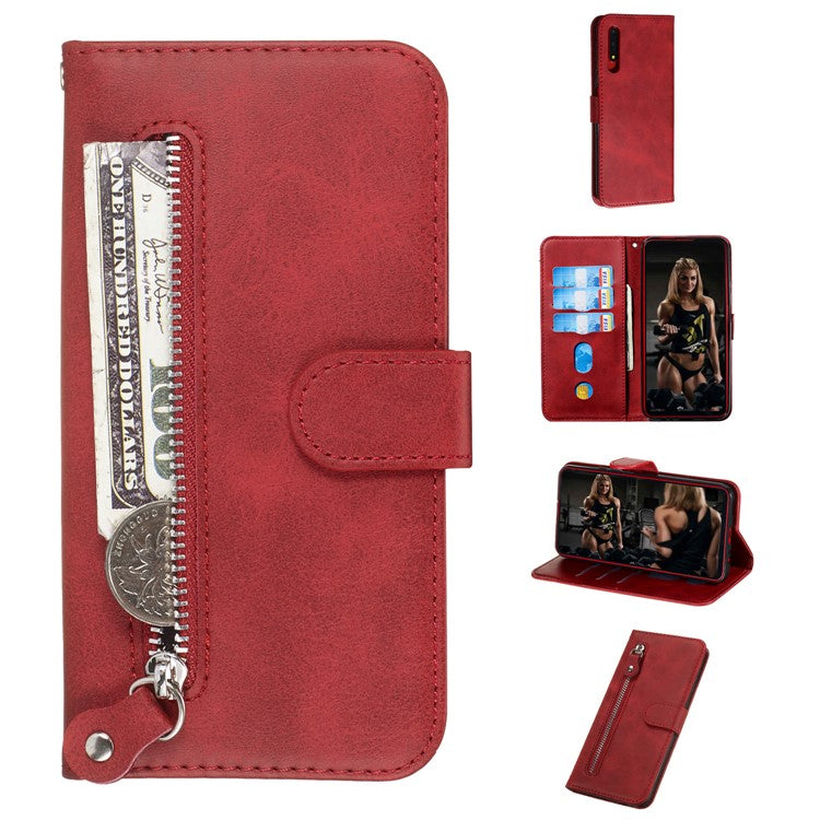 Zipper Pocket Wallet Stand Flip Leather Phone Cover for Huawei Honor 9X Pro/Honor 9X (For China) - Red