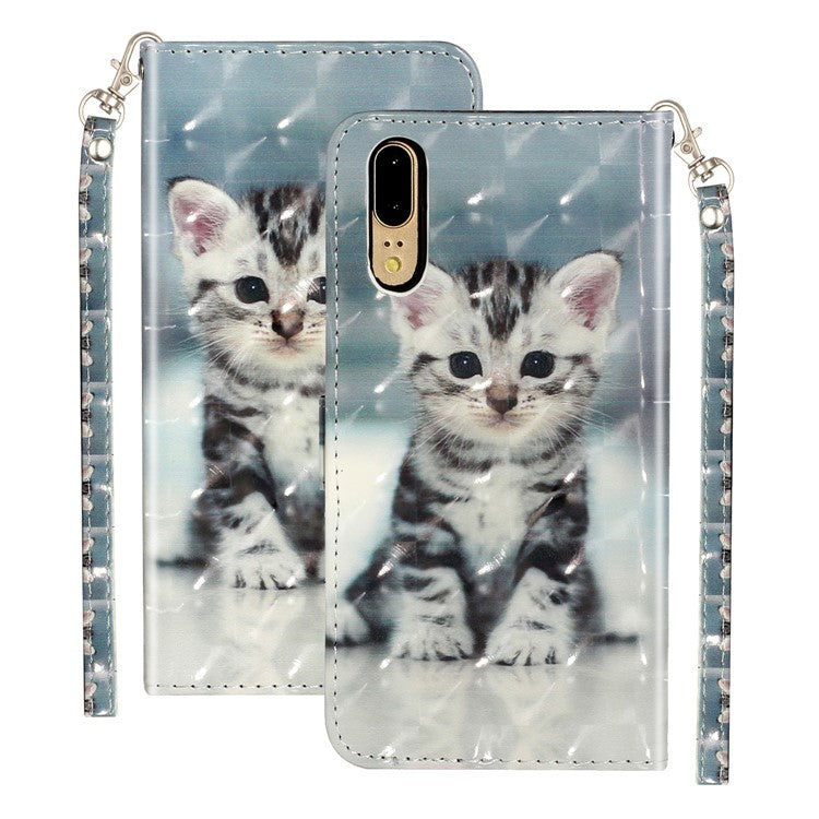 Light Spot Decor Wallet Stand Leather Pattern Printing Phone Case for Huawei P20 - Cat
