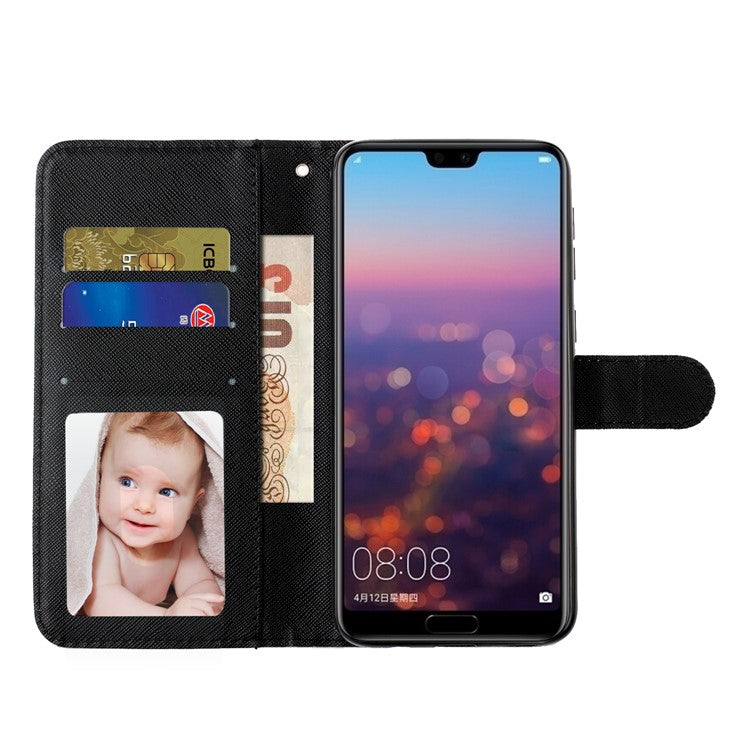 Light Spot Decor Wallet Stand Leather Pattern Printing Phone Case for Huawei P20 - Cat