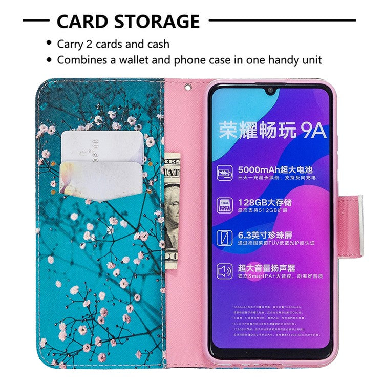 Pattern Printing Magnetic Leather Stand Case for Honor 9A - Tree with Flowers