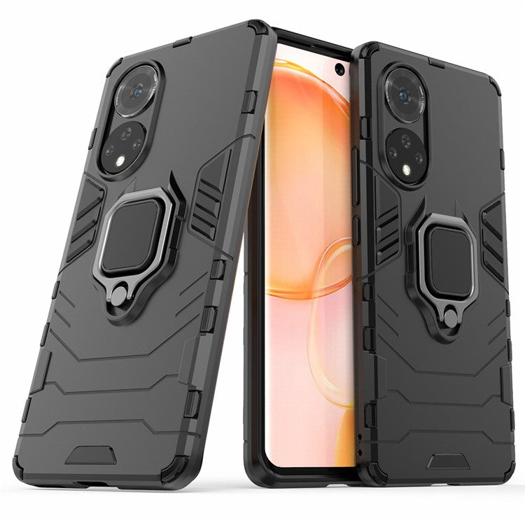 Hard PC + Soft TPU Hybrid Phone Case Cover with Ring Holder Kickstand for Honor 50 - Black