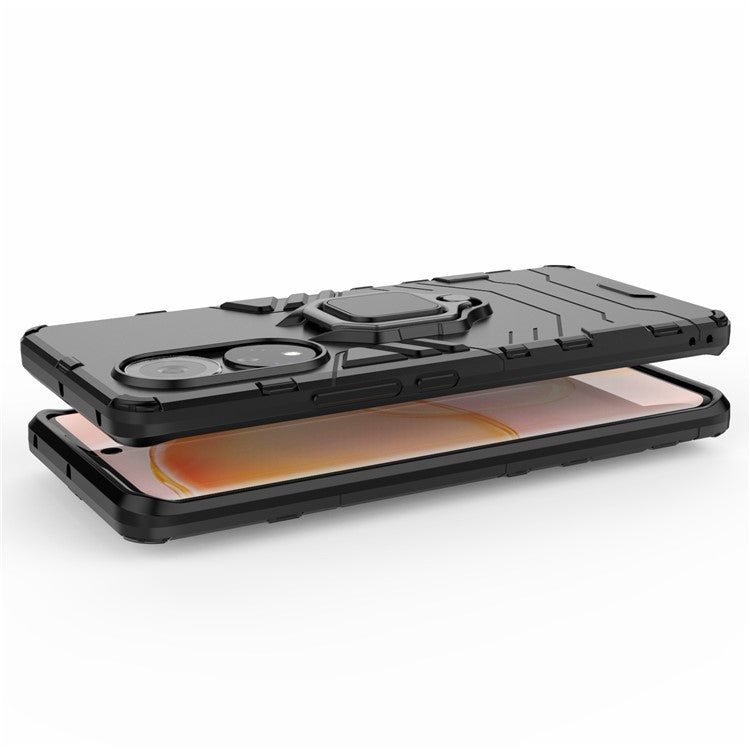 Hard PC + Soft TPU Hybrid Phone Case Cover with Ring Holder Kickstand for Honor 50 - Black
