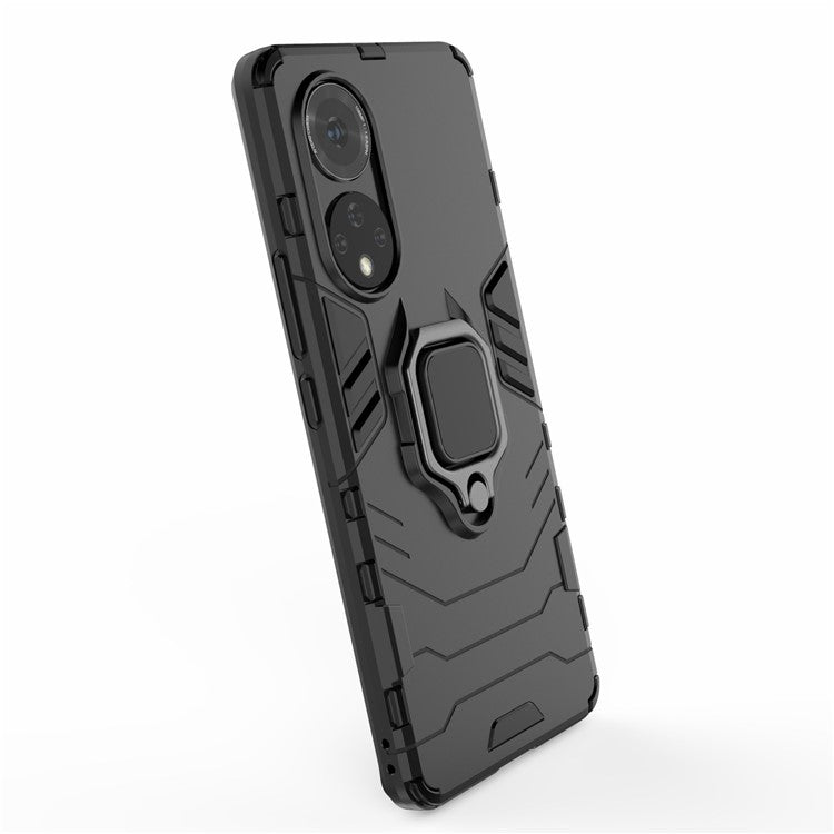 Hard PC + Soft TPU Hybrid Phone Case Cover with Ring Holder Kickstand for Honor 50 - Black