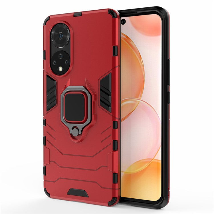 Hard PC + Soft TPU Hybrid Phone Case Cover with Ring Holder Kickstand for Honor 50 - Red