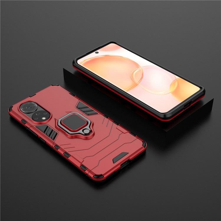 Hard PC + Soft TPU Hybrid Phone Case Cover with Ring Holder Kickstand for Honor 50 - Red