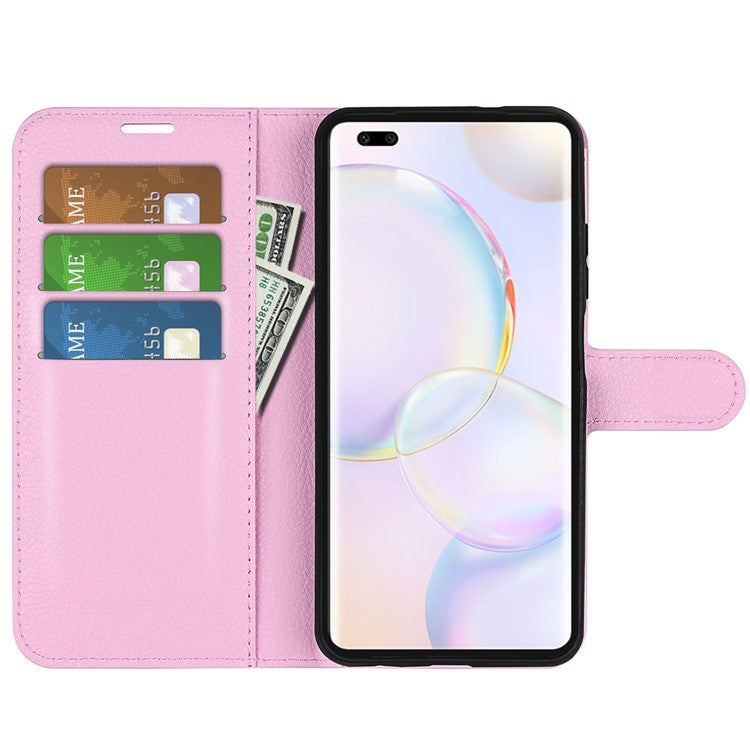 Folio Flip Full Protective Litchi Skin Leather Wallet Phone Stand Case Cover for Honor 50 - Pink