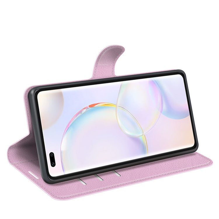 Folio Flip Full Protective Litchi Skin Leather Wallet Phone Stand Case Cover for Honor 50 - Pink
