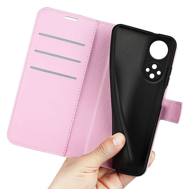 Folio Flip Full Protective Litchi Skin Leather Wallet Phone Stand Case Cover for Honor 50 - Pink