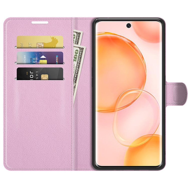 Folio Flip Full Protective Litchi Skin Leather Wallet Phone Stand Case Cover for Honor 50 - Pink