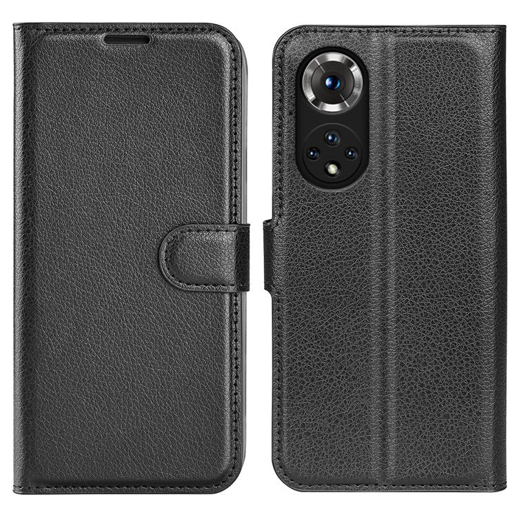 Folio Flip Full Protective Litchi Skin Leather Wallet Phone Stand Case Cover for Honor 50 - Black