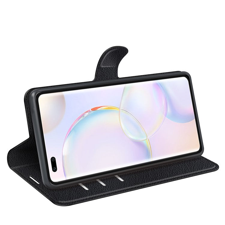 Folio Flip Full Protective Litchi Skin Leather Wallet Phone Stand Case Cover for Honor 50 - Black