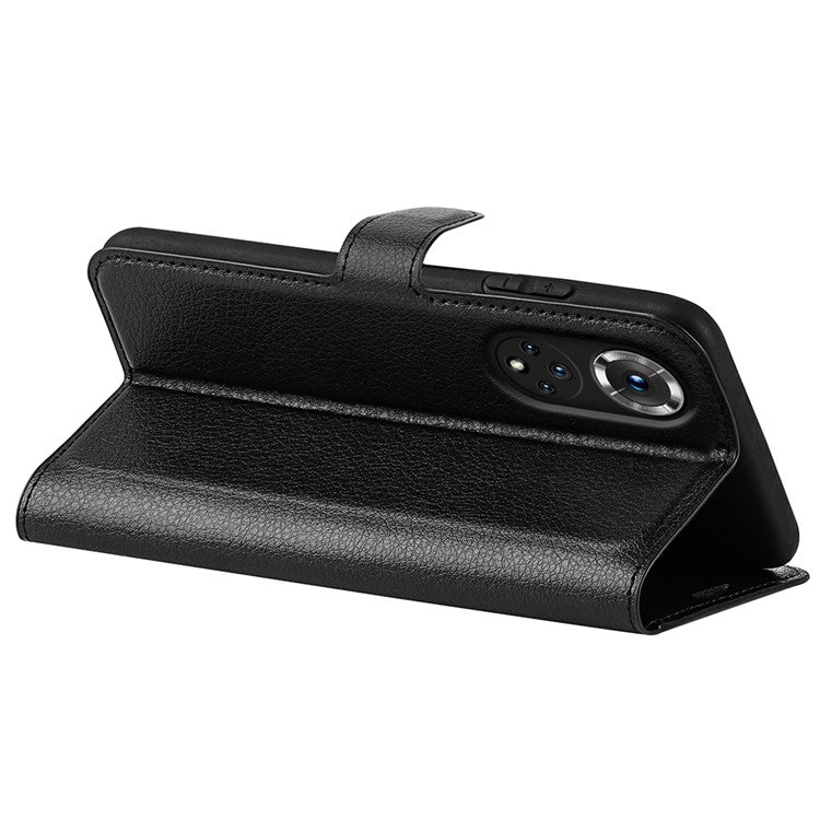 Folio Flip Full Protective Litchi Skin Leather Wallet Phone Stand Case Cover for Honor 50 - Black