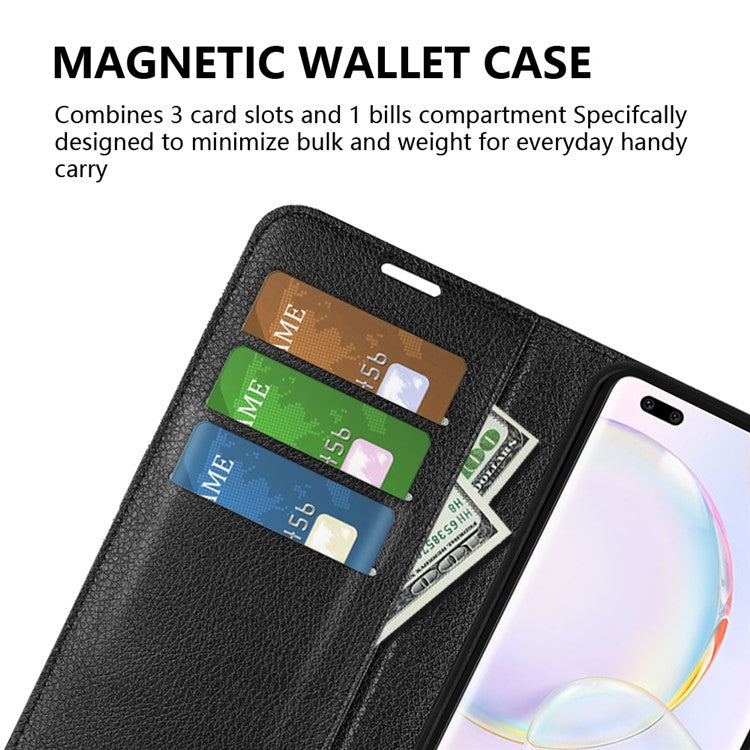 Folio Flip Full Protective Litchi Skin Leather Wallet Phone Stand Case Cover for Honor 50 - Black