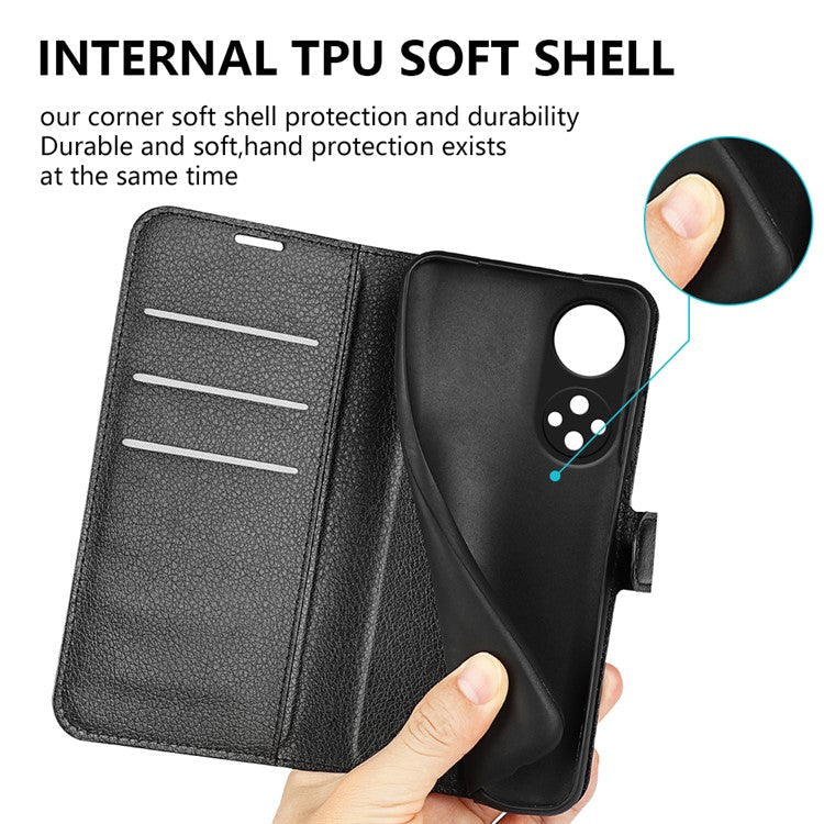 Folio Flip Full Protective Litchi Skin Leather Wallet Phone Stand Case Cover for Honor 50 - Black