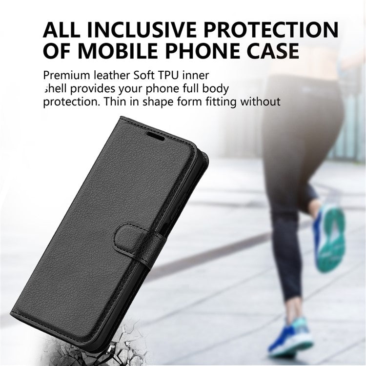 Folio Flip Full Protective Litchi Skin Leather Wallet Phone Stand Case Cover for Honor 50 - Black