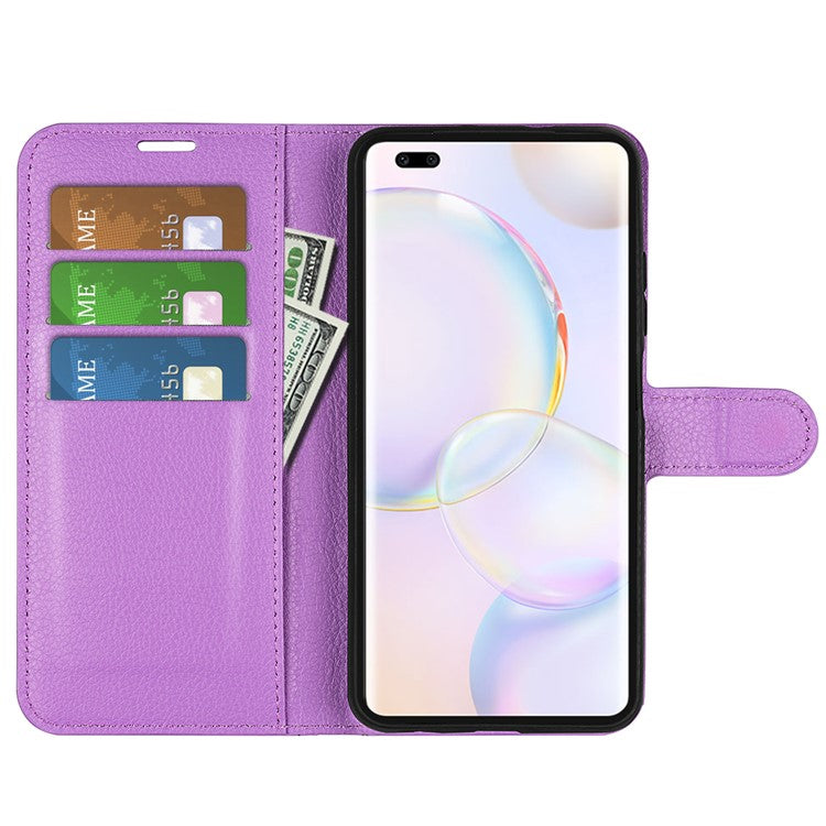 Folio Flip Full Protective Litchi Skin Leather Wallet Phone Stand Case Cover for Honor 50 - Purple