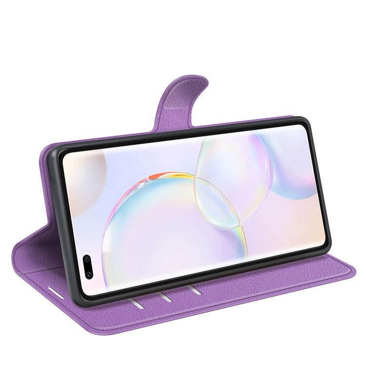 Folio Flip Full Protective Litchi Skin Leather Wallet Phone Stand Case Cover for Honor 50 - Purple