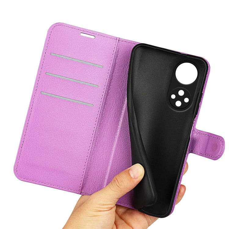 Folio Flip Full Protective Litchi Skin Leather Wallet Phone Stand Case Cover for Honor 50 - Purple