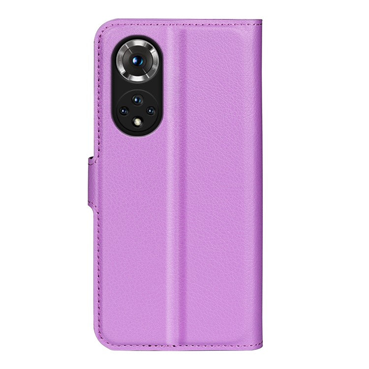 Folio Flip Full Protective Litchi Skin Leather Wallet Phone Stand Case Cover for Honor 50 - Purple