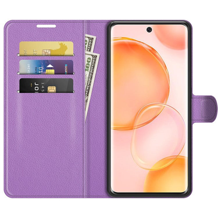 Folio Flip Full Protective Litchi Skin Leather Wallet Phone Stand Case Cover for Honor 50 - Purple