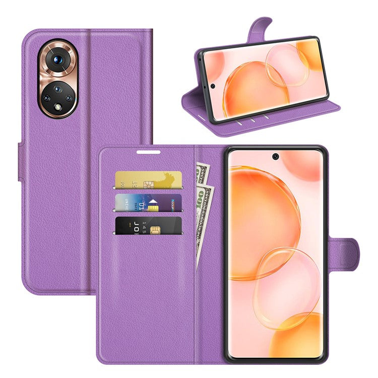 Folio Flip Full Protective Litchi Skin Leather Wallet Phone Stand Case Cover for Honor 50 - Purple
