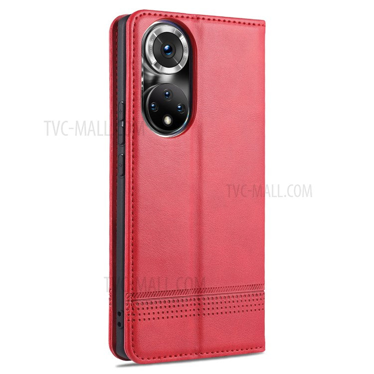 AZNS Wallet Case Flip Magnetic Shockproof Interior Protective Stand Cover for Honor 50 - Red