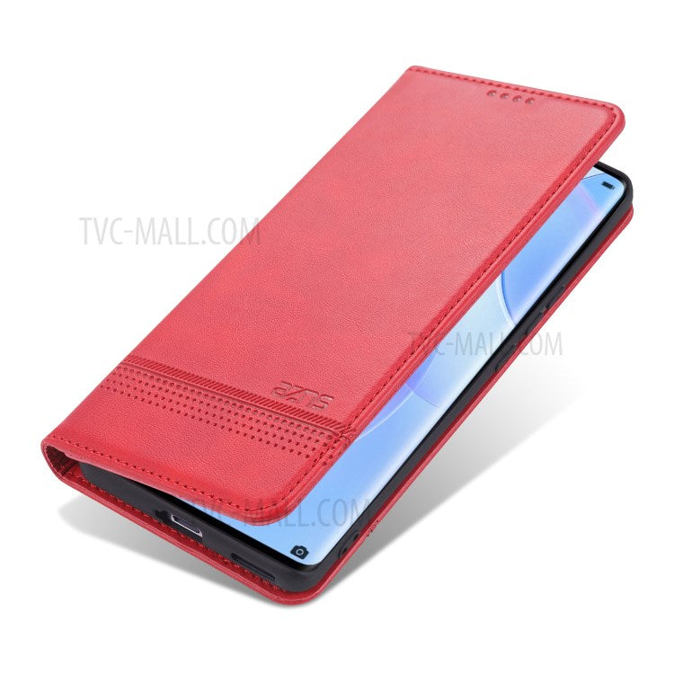 AZNS Wallet Case Flip Magnetic Shockproof Interior Protective Stand Cover for Honor 50 - Red