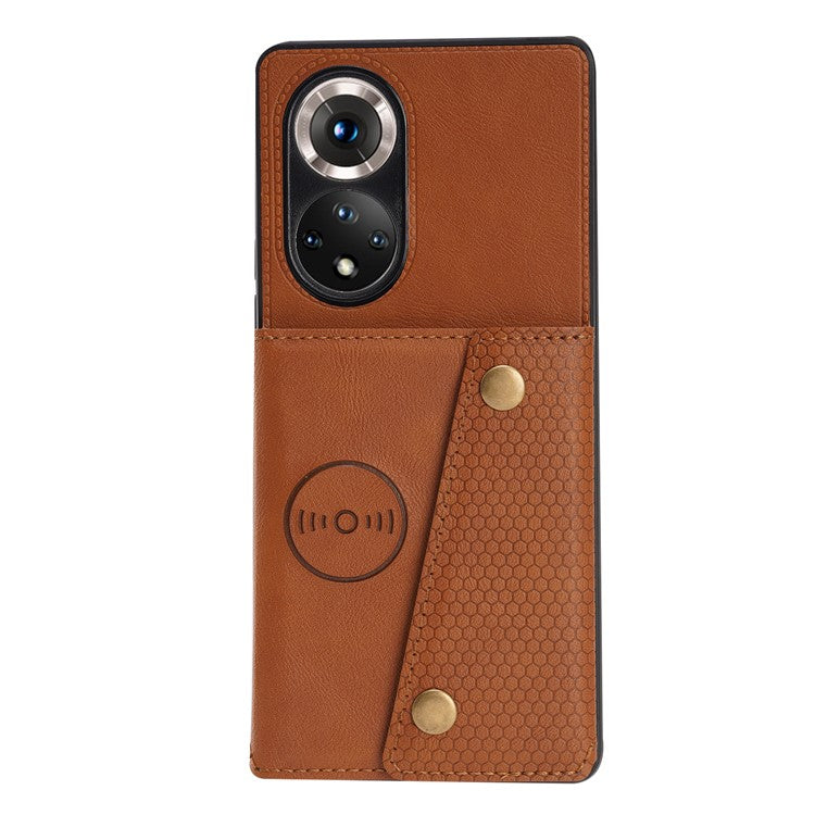 Built-in Vehicle Magnetic Sheet Card Slots Scratch-Resistant Kickstand PU Leather Coated TPU Case for Huawei nova 9 Pro/Honor 50 Pro - Brown