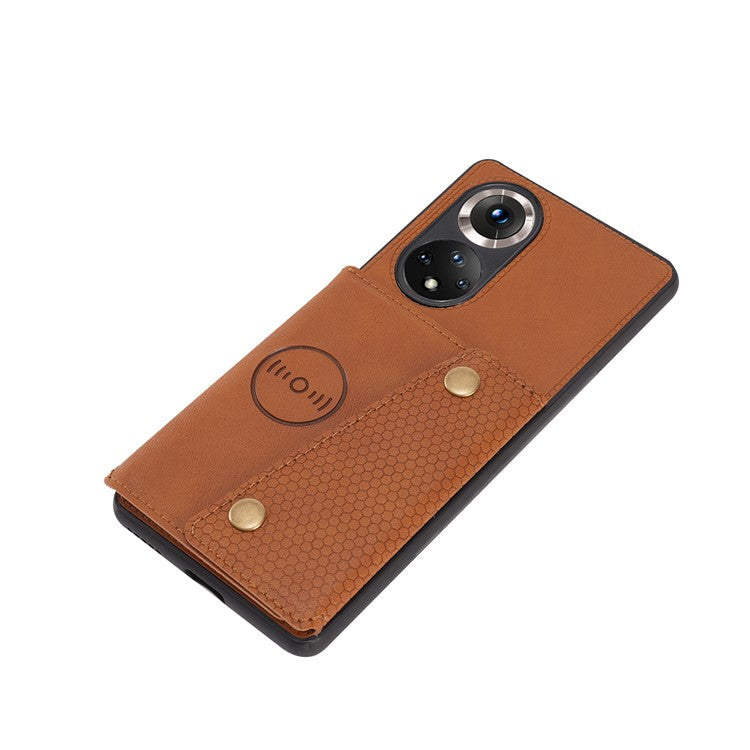 Built-in Vehicle Magnetic Sheet Card Slots Scratch-Resistant Kickstand PU Leather Coated TPU Case for Huawei nova 9 Pro/Honor 50 Pro - Brown