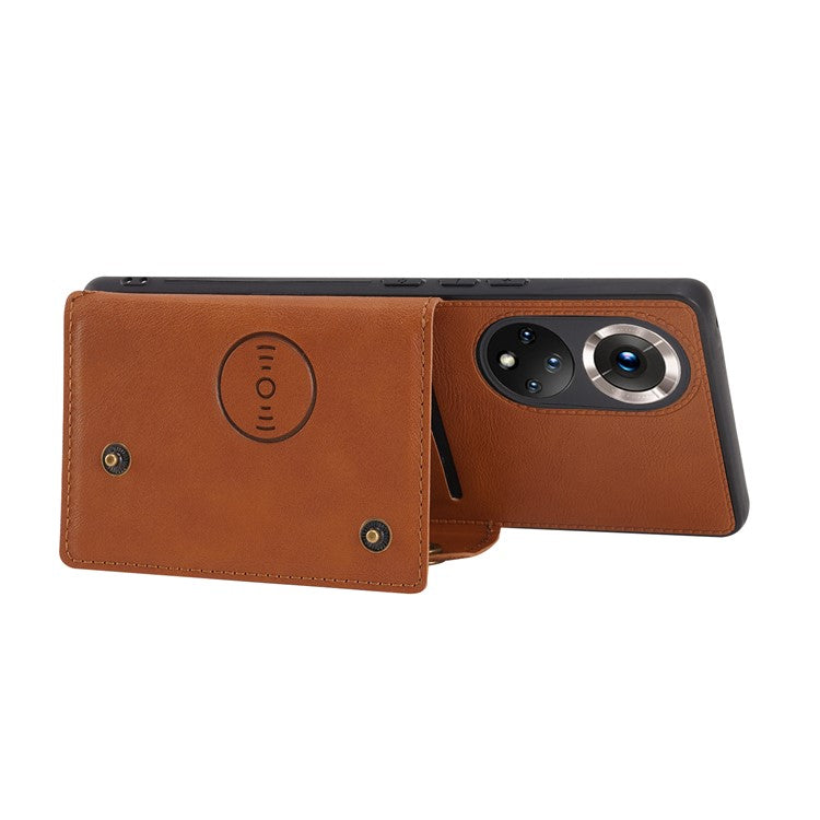 Built-in Vehicle Magnetic Sheet Card Slots Scratch-Resistant Kickstand PU Leather Coated TPU Case for Huawei nova 9 Pro/Honor 50 Pro - Brown