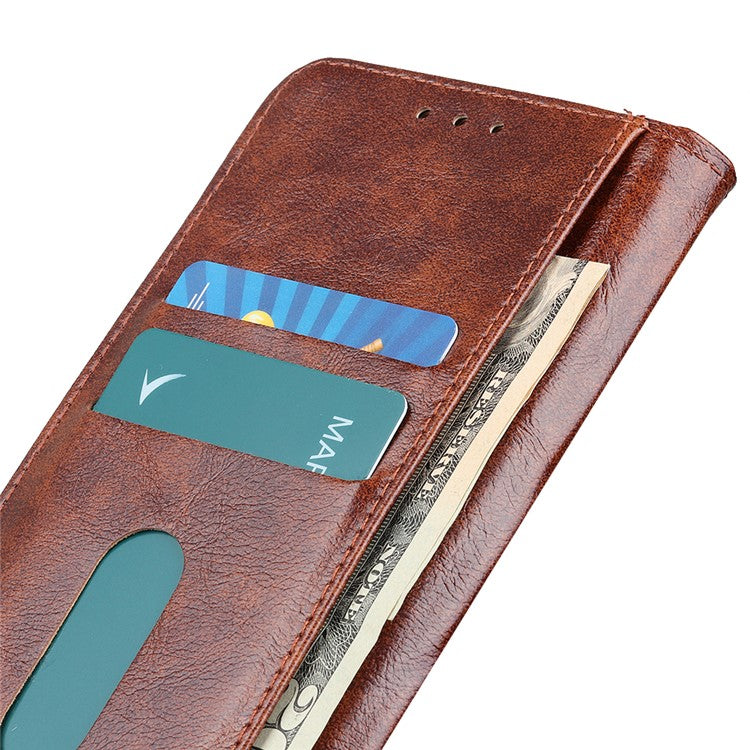 KHAZNEH Shock Resistant Magnetic Clasp Closure PU Leather Phone Cover Shell with Stand Wallet for Honor 50 - Brown
