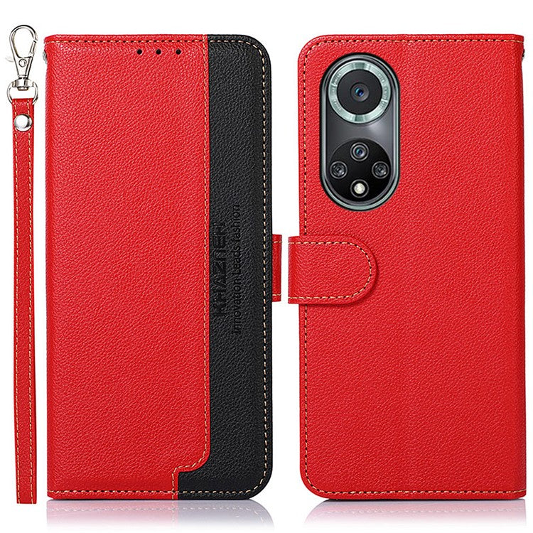 KHAZNEH Anti-theft Swiping Litchi Skin PU Leather RFID Blocking Wallet Stand Protective Phone Case with Strap for Honor 50 Pro - Red