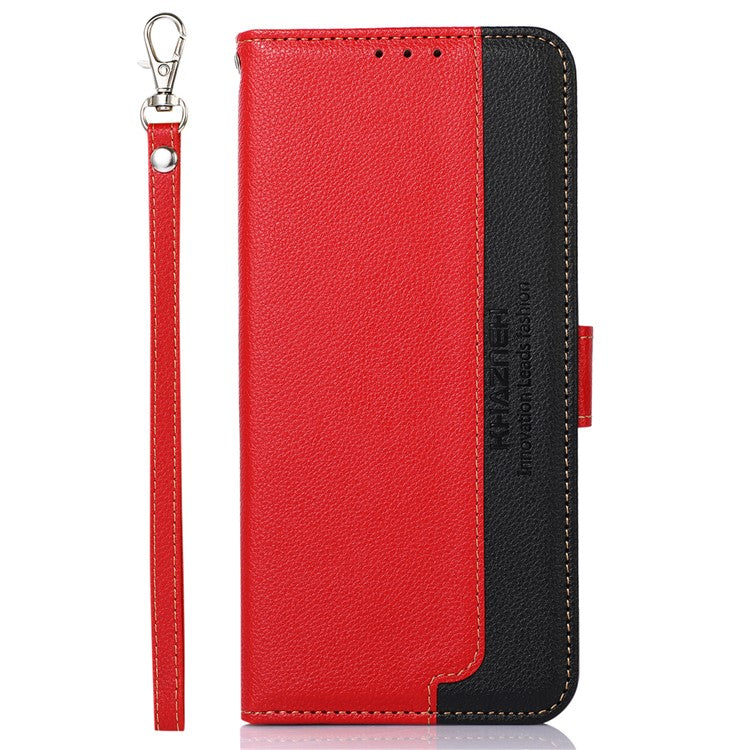 KHAZNEH Anti-theft Swiping Litchi Skin PU Leather RFID Blocking Wallet Stand Protective Phone Case with Strap for Honor 50 Pro - Red
