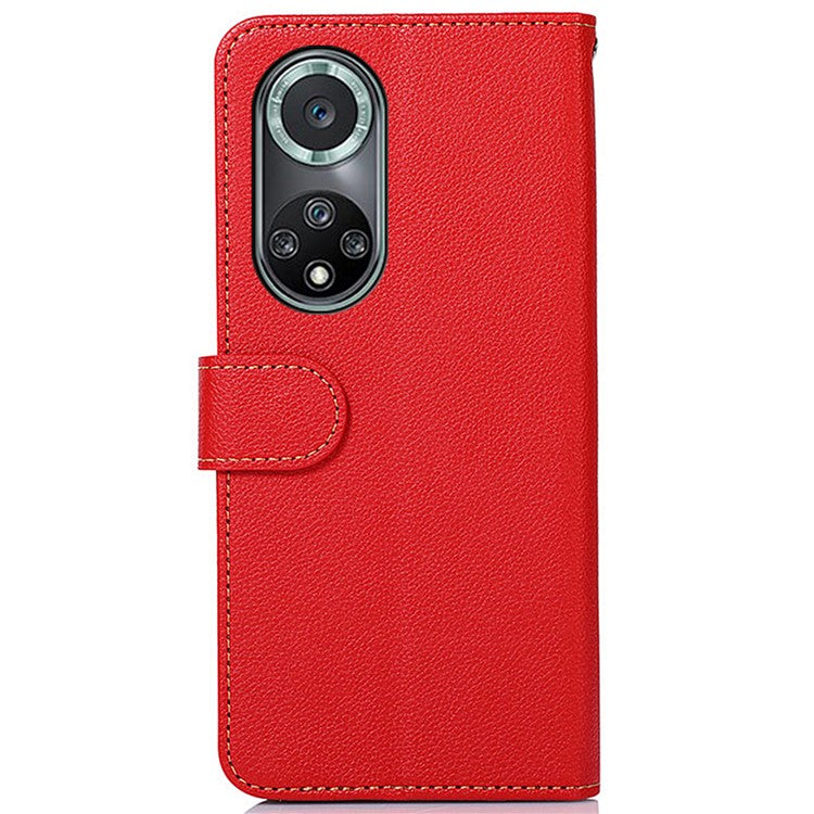 KHAZNEH Anti-theft Swiping Litchi Skin PU Leather RFID Blocking Wallet Stand Protective Phone Case with Strap for Honor 50 Pro - Red