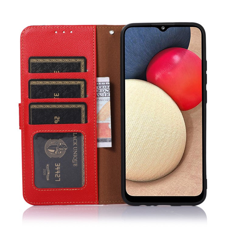 KHAZNEH Anti-theft Swiping Litchi Skin PU Leather RFID Blocking Wallet Stand Protective Phone Case with Strap for Honor 50 Pro - Red