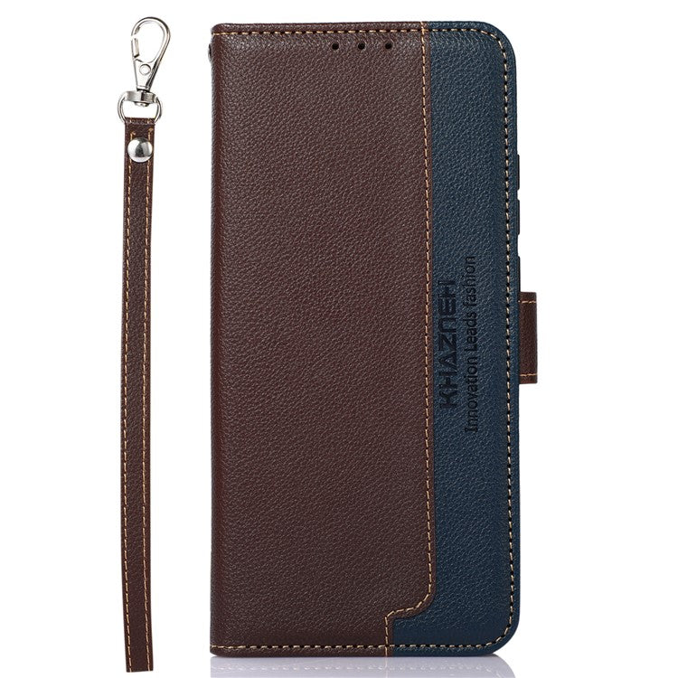 KHAZNEH Anti-theft Swiping Litchi Skin PU Leather RFID Blocking Wallet Stand Protective Phone Case with Strap for Honor 50 Pro - Brown
