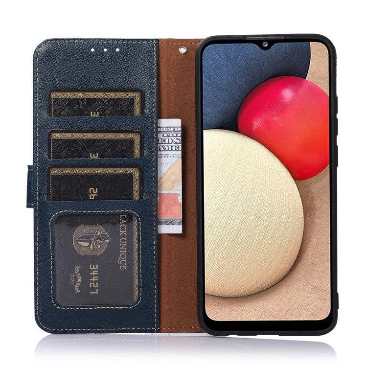KHAZNEH Anti-theft Swiping Litchi Skin PU Leather RFID Blocking Wallet Stand Protective Phone Case with Strap for Honor 50 Pro - Blue