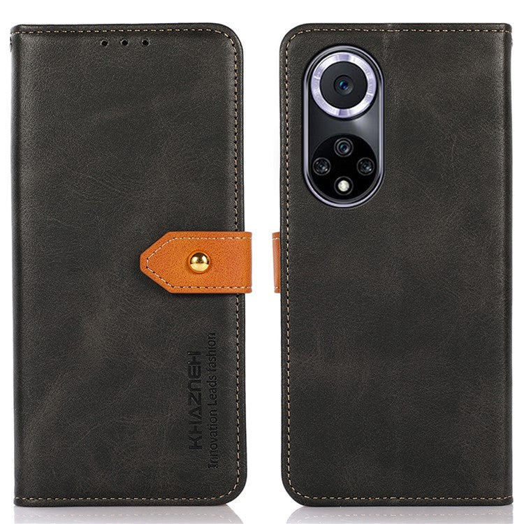 KHAZNEH Wallet Stand Magnetic Golden Clasp Shock Absorption Leather Cover Case for Honor 50 - Black